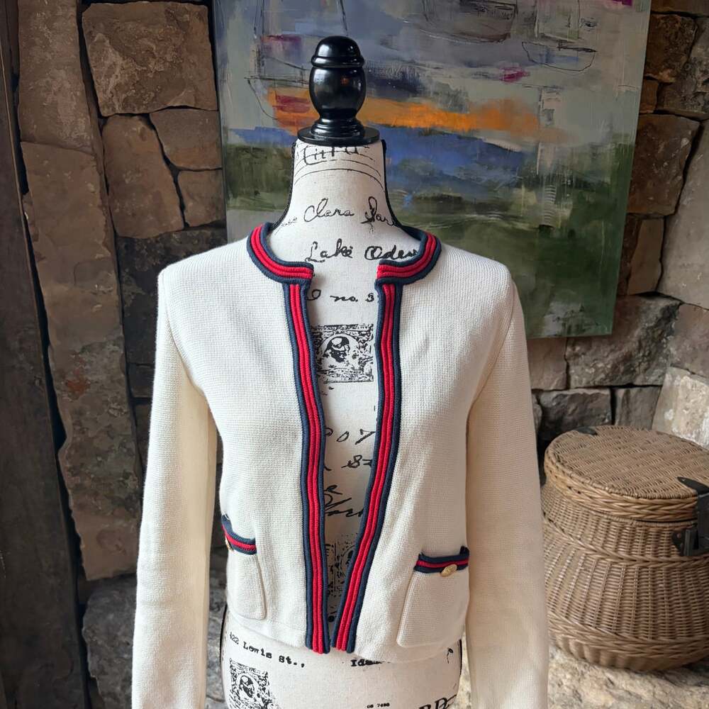 J.Crew Cream Knit Cardigan Sweater Red Navy Trim Gold Buttons Size Small Preppy